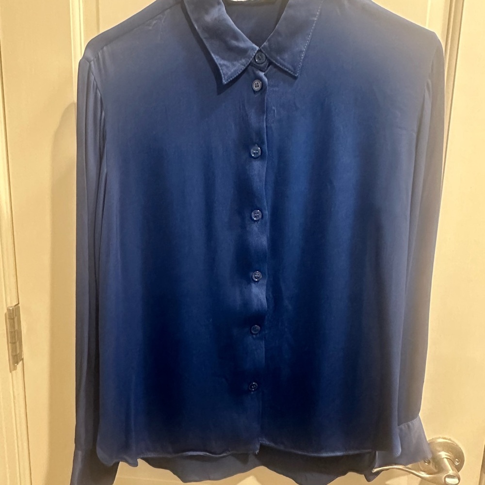 Zara Basic Satin Effect Button Down Shirt, Blue, Size Small